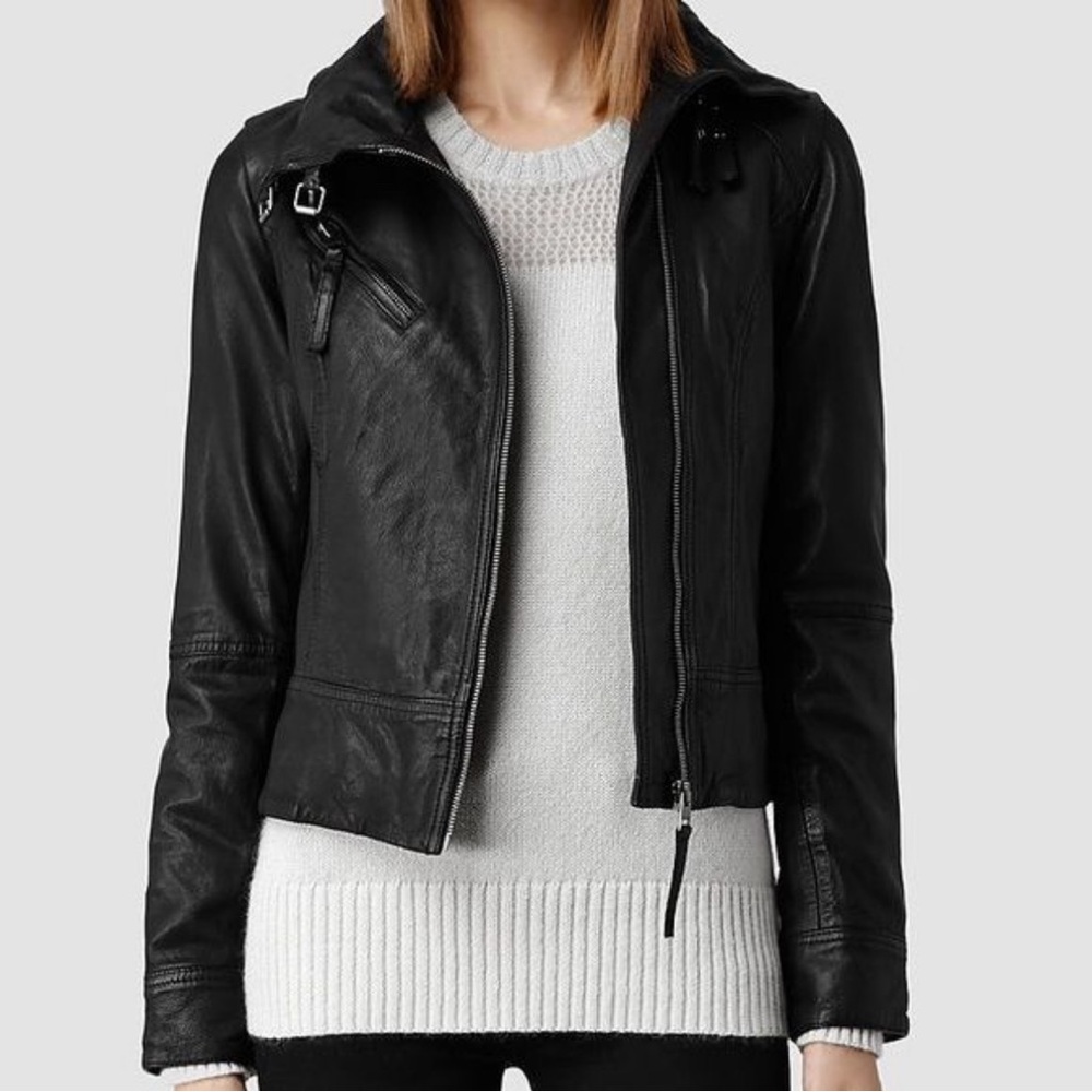 All Saints Women's Black Leather Belvedere Moto Jacket US 4 and UK8